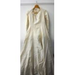 VINTAGE LADIES SILK WEDDING DRESS with embroidered floral front panel and wrist detail, and button