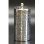 VICTORIAN SILVER TOOTHPICK HOLDER AND COVER with stylised peacock to one side and cartouche with