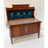 EDWARDIAN MAHOGANY AND INLAID WASHSTAND the shaped raised back with a shelf above a deep blue