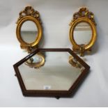 OAK FRAMED HEXAGONAL WALL MIRROR with a bevelled plate, 44.5cm high; together with a pair of gilt