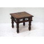 TEAK SQUARE OCCASIONAL TABLE with decorative ironwork, standing on turned supports, 45.5cm x 45.5cm