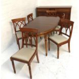 CHERRY WOOD DINING ROOM SUITE comprising a sideboard with central panel flanked by a single brass