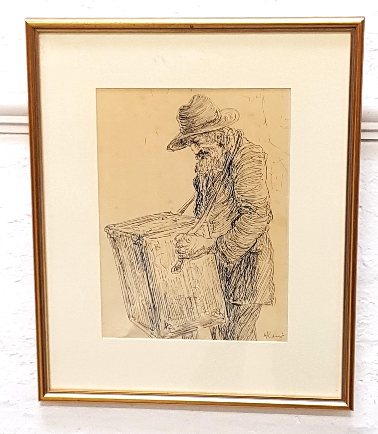 HARRY KEIR (Scottish 1902-1977) The Street Entertainer, pen and ink on paper, signed, 27.5cm x 20cm