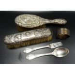 SELECTION OF SILVER ITEMS comprising a silver backed Art Nouveau hairbrush with embossed scroll
