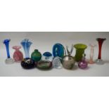 SELECTION OF COLOURFUL GLASSWARE including a Mdina scent bottle and vase, a cut glass egg shaped