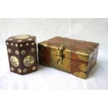 TEAK BOX with decorative brass banding and lock, 20cm wide, together with a Chinese hexagonal teak