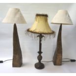 PAIR OF TAPERING STEEL TABLE LAMPS with hammered decoration and irregular form with shades, 65cm