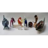 SELECTION OF COLOURED GLASS ANIMAL ORANMENTS comprising two Venetian style mottled glass fish, one