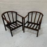 PAIR OF 1950'S BOW BACK ARMCHAIRS with slatted backs above slatted seats now lacking cushions,