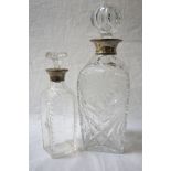 SILVER COLLARED DECANTER with Birmingham hallmarks and etched floral decoration, 28cm high; together