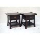 PAIR OF CHINESE HARDWOOD OCCASIONAL TABLES with shaped turn up tops above a single drawer,