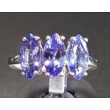 TANZANITE THREE STONE RING the three marquise cut tanzanites on nine carat gold shank, ring size M