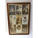 SET OF NINE EDWARDIAN BIRTHDAY CARDS with illustrations and framed, 42.5cm x 27.5cm