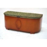 1940'S D SHAPED STAINED PLYWOOD OTTOMAN with a fabric lift up lid, standing on shaped squat