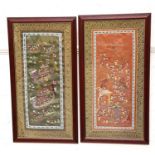 PAIR OF CHINESE SILK EMBROIDERED PANELS one with a coral ground depicting many figures outside,
