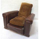 ART DECO CLUB ARMCHAIR covered in brown leatherette with brown velvet back and seat cushion