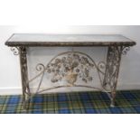 METAL FRAME CONSOLE TABLE with an inset mirrored glass top above panels of flowering urns,