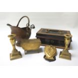 SELECTION OF METALWARE including a miniature copper coal scuttle with a swing handle, pair of