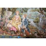 18th CENTURY STYLE HANGING TAPESTRY depicting a courting couple in garden setting, with hanging