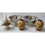 PAIR OF EDWARDIAN PUNCH BOWLS with blue, orange and gilt decoration, 25.5cm diameter; together