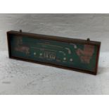 REPRODUCTION GOLF DISPLAY CASE with three vintage style clubs, balls and postcards, 106cm long