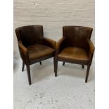 SET OF SIX UHS CHADWICK TUB CHAIRS with shaped backs and arms covered in brown faux leather,