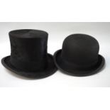 GENTLEMANS BLACK SILK TOP HAT by Dunn & Co, together with a gentleman's black bowler hat by