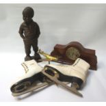 MIXED LOT OF COLLECTABLES including a mahogany shaped cased mantel clock, a pair of ladies ice