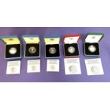 FIVE ROYAL MINT SILVER PROOF £1 COINS comprising a 1983, 1985 x2, 1986, and 1990, all with