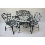 SET OF ALUMINIUM GARDEN FURNITURE comprising a two seat bench, two armchairs and a table, all with