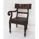 WILLIAM IV MAHOGANY ARMCHAIR with a shaped top rail above reeded arms with a stuffover leatherette