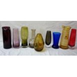 SELECTION OF COLOURFUL GLASS VASES AND JUGS including a ribbed amber coloured jug, a Scandinavian