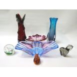 SELECTION OF COLOURED GLASSWARE including an organic shaped ruby red vase, shaped powder blue