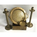 GOOD SELECTION OF BRASSWARE comprising a square Arts and Crafts planter with embossed motif