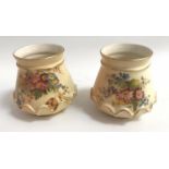PAIR OF EDWARDIAN ROYAL WORCESTER ENGLAND BLUSH IVORY SMALL FLUTED VASES with floral decoration