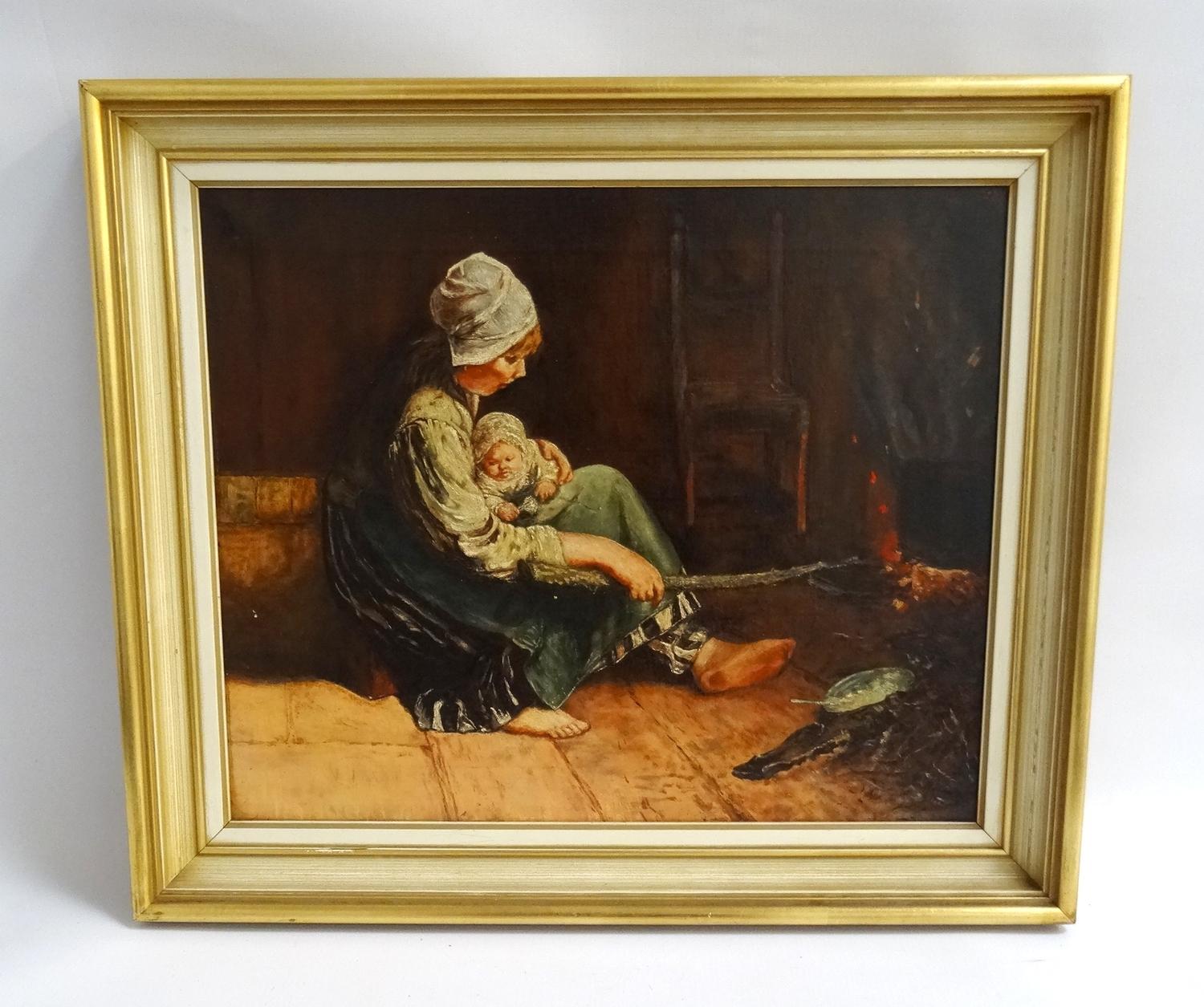 CONTINENTAL SCHOOL Young peasant girl with baby by the fire, oil on canvas, 35.5cm x 43.5cm