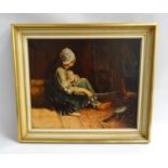 CONTINENTAL SCHOOL Young peasant girl with baby by the fire, oil on canvas, 35.5cm x 43.5cm