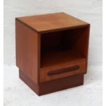 G PLAN TEAK BEDSIDE CUPBOARD with a square top above an open shelf with a drawer below, standing