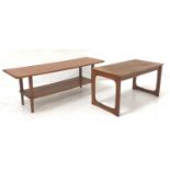 TWO TEAK OCCASIONAL TABLES both with rectangular tops, one standing on shaped end supports, 82cm