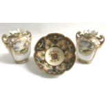 PAIR OF NORITAKE TWO HANDLED PORCELAIN VASES each with handpainted landscape panel to one side and