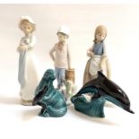 THREE NAO FIGURINES comprising a young boy with his, dog, 23cm high; a girl in a bonnet holding a