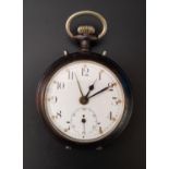 EARLY 20th CENTURY JUNGHANS GUN METAL CASED ALARM POCKET WATCH the white enamel dial with Arabic