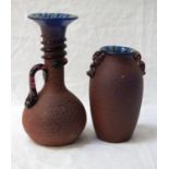 TWO STUDIO GLASS VASES both with blue and yellow interior and red/brown matt textured finish to