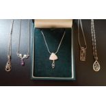 FIVE SILVER PENDANTS ON SILVER CHAINS including a boxed Oal Gorie Drift Collection pendant with blue