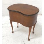 KIDNEY SHAPED WALNUT SEWING TABLE the lift up lid revealing a red satin lined interior with spools