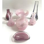 FIVE PIECES OF CAITHNESS GLASSWARE comprising three vases and bowl with mottles light pink and white
