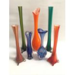 SELECTION OF COLOURFUL GASS VASES of various shaped and sizes (7)