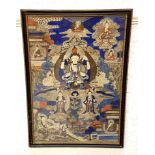 TIBETAN WATERCOLOUR AND INK PANEL the central figure of Avalokiteshvara surrounded by various