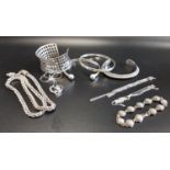 SELECTION OF SILVER JEWELLERY comprising four bangles including one pierced mesh style example; a