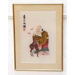 CHINESE SILK EMBROIDERED PICTURE depicting a wise man in traditional dress with a Chinese water
